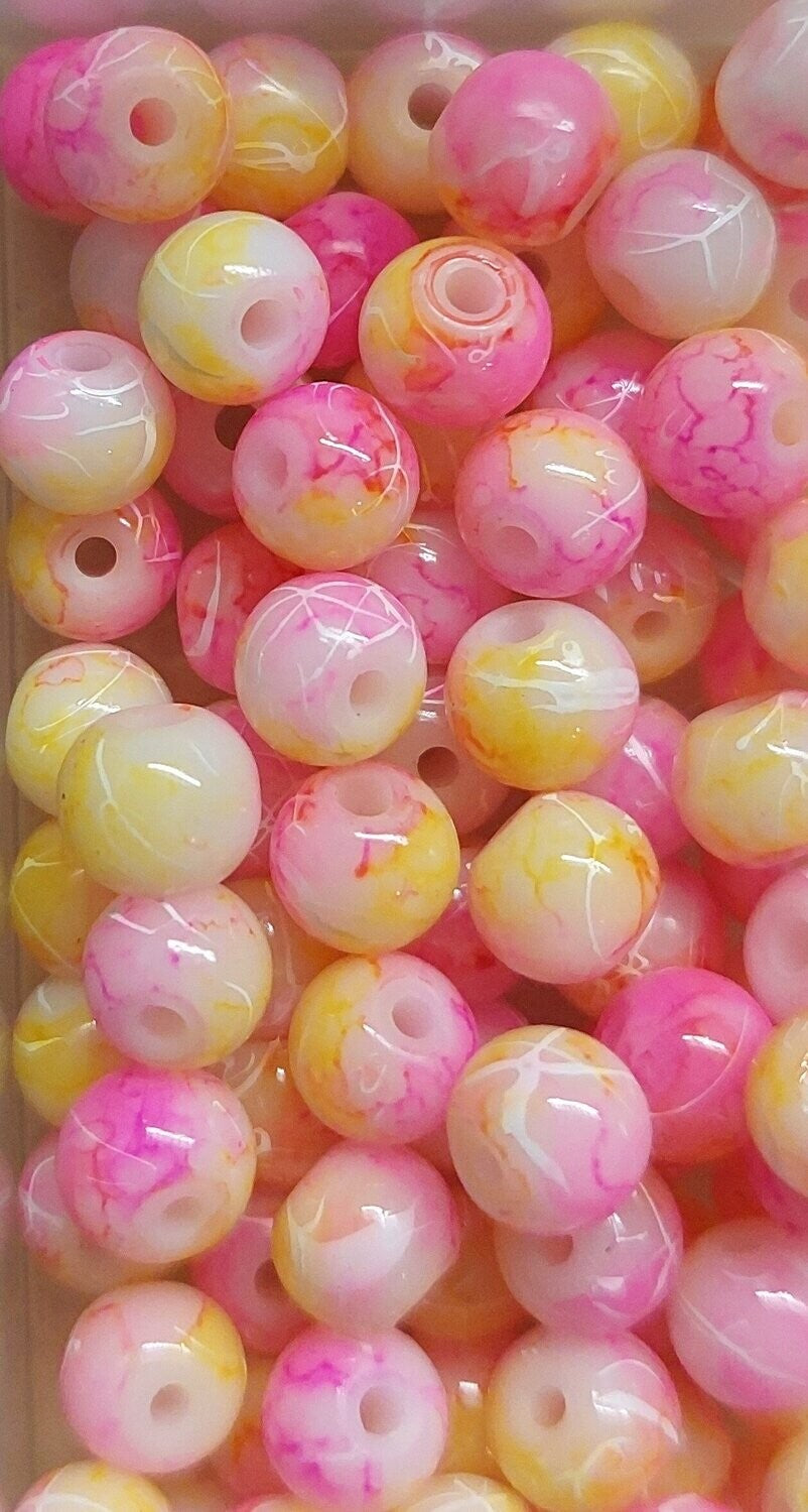 Glas kraal 6mm Roze/geel