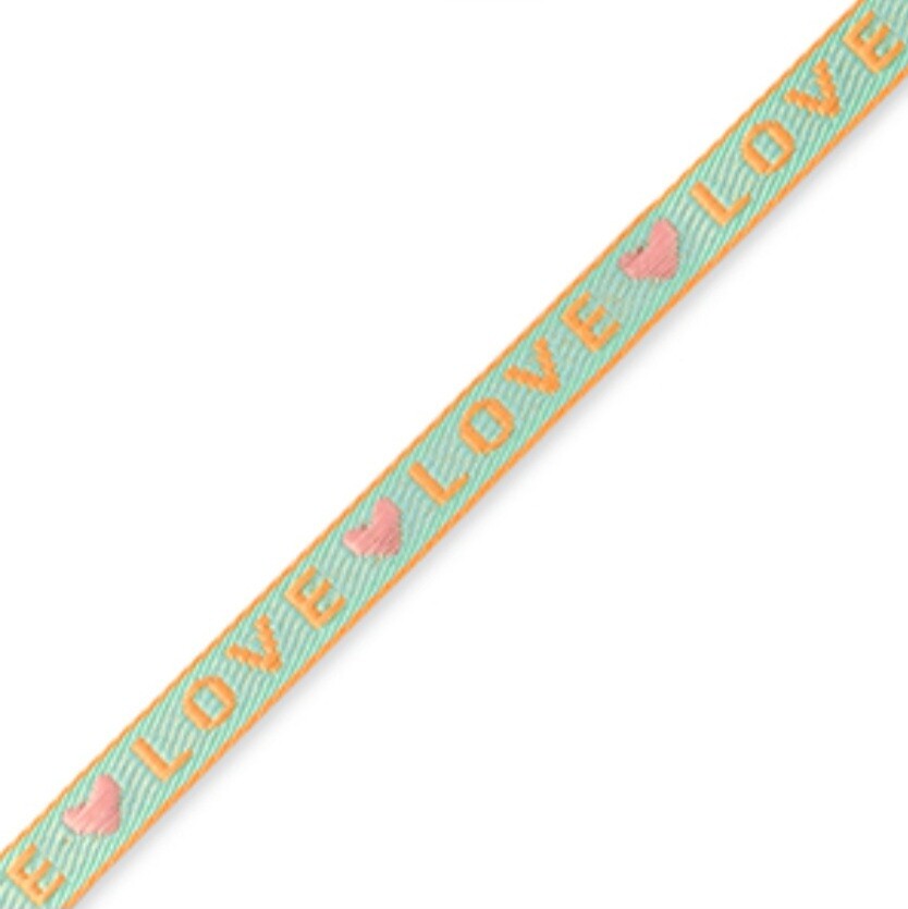 Lint met tekst "love" blue/coral pink